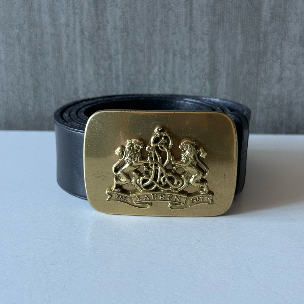 LAUREN Ralph Lauren Black Leather Belt Heritage Lion Buckle Size Large